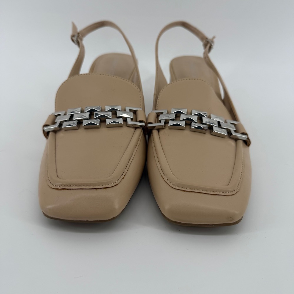 Marc Fisher Graci Loafer Womens 8M Beige Slingback Block Heel Silver Chain View 2